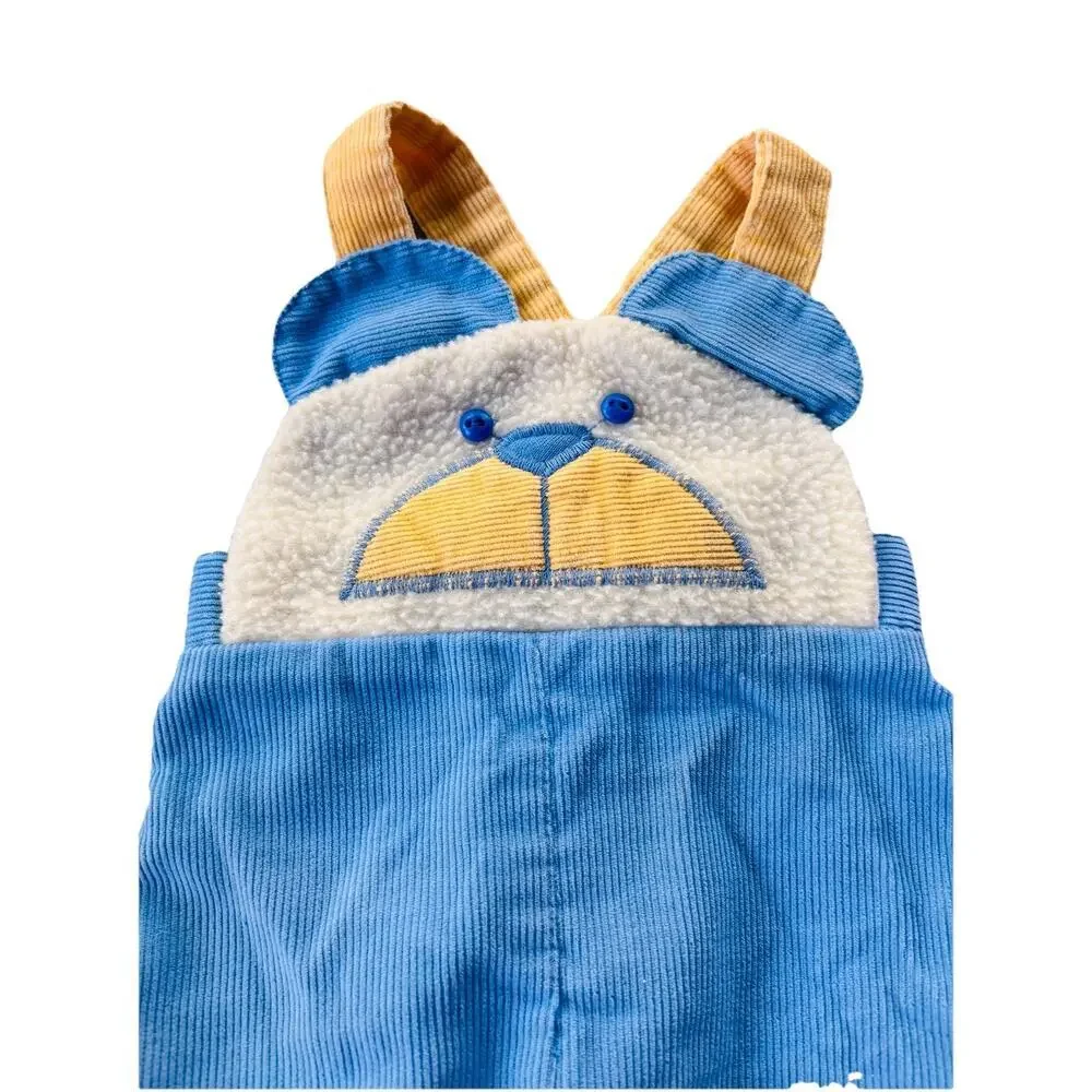 Vintage Baby Boy Blue Health-Tex 3mo Corduroy Bear Overalls 70's